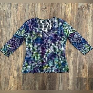 Sno Skins Colorful Zebra Print 3/4 Sleeve V-Neck Blouse Womens Small Made USA